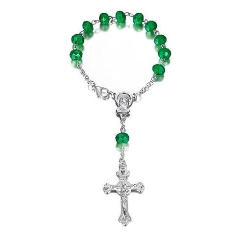 BOBIJOO JEWELRY - Mini Chapelet Voiture Camion Bracelet Marie Vierge Croix Pendentif Argent et vert