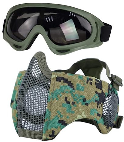 Yzpacc Airsoft Maske und Brille, Faltbare Halbgesichts Airsoft Mesh Maske mit Ohrenschutz für Paintball Schießen, Cosplay, CS-Spiel (Camouflage & Grün)