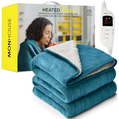 MONHOUSE Heated Throw - Electric Blanket - Digital Controller - Timer up to 9 hours, 9 Heat Settings, Auto Shutoff - Machine Washable - Single 130X160cm - TEAL SHEARLING