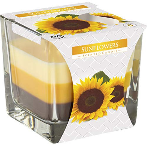 BISPOL Dreifarbige Duftkerze, quadratisches Glas, Duft: Sonnenblumen, 32 Stunden Brenndauer