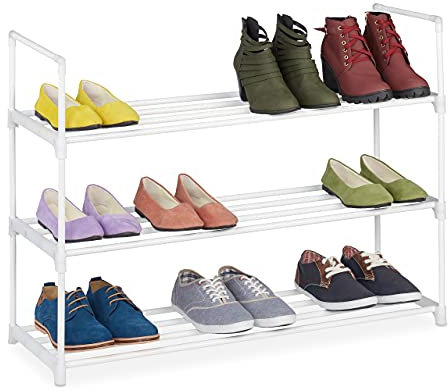 Relaxdays Schuhregal, 3 Ebenen, Stecksystem, 12 Paar Schuhe, Flur, erweiterbar, Metall & Kunststoff, Schuhablage, weiß, 10036200_348