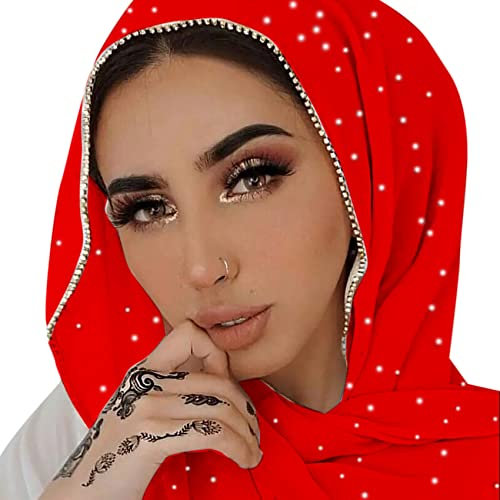ANKOMINA Weicher Damen-Schal, Chiffon, Strass, Lang, Modisch, Muslimischer Hijab-Kopftuch, Rot/Ausflug, Einfarbig (Getaway Solids), Einheitsgröße