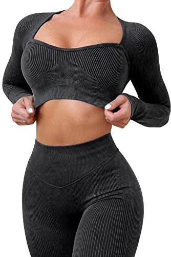 IMEKIS Trainings Outfit f?r Damen 2-teilig Sportbekleidung Gym Set Sport Crop Top mit Hoher Taille Laufshorts Leggings Nahtlos Gerippt Trainingsanzug Yoga Sportanzug Activewear Schwarz 1 S
