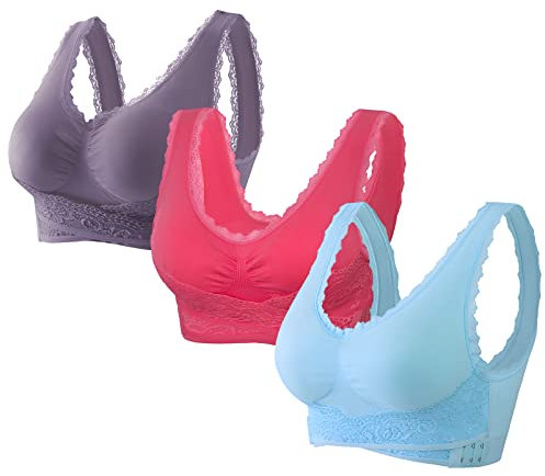 Jamron Femmes Lot de 3 Devant Croisé Push Up Brassière en Dentelle sans Armature Soutien-Gorge de Sport Yoga avec Coussin Amovible Gris + Fuchsia + Bleu Clair 4XL