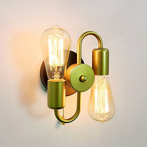Gold Retro Wall Light with Pull Cord Switch E27 Socket Creative Double Head Wall Lamp Industrial Indoor Wall Sconce for Bedroom Living Room Kitchen Bar Loft Hallway (Bulb Not Included)