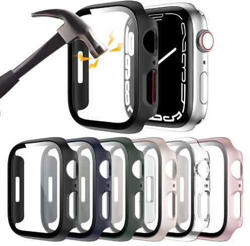 Rontion - Juego de 6 fundas rígidas de policarbonato con protector de pantalla de vidrio templado compatibles con Apple Watch Series 9, 8, 7 de 45 mm, ultrafina, resistente a los arañazos, funda