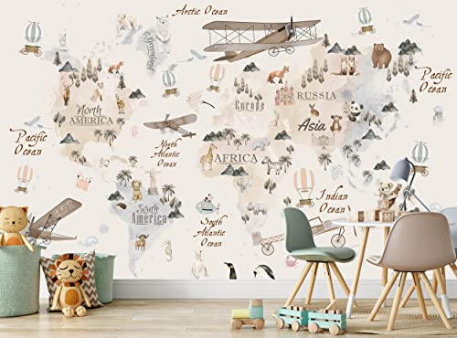 Carte du monde animaux pour enfants - Papier peint photo - Décoration murale - Décoration murale - Montgolfière - 366 cm x 254 cm - Poster en papier