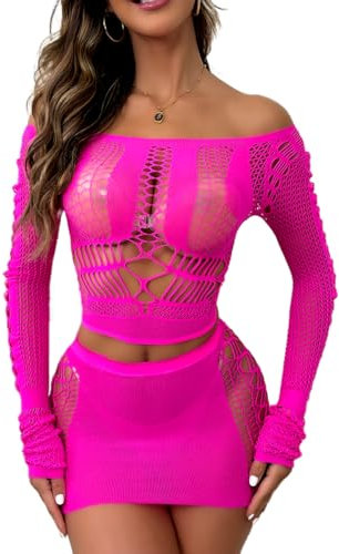 Buitifo Women's Underwear Set Sexy Mesh Set de Deux Pièces Top à Manches Longues et Jupe Moulante(Rose rouge,Taille unique)
