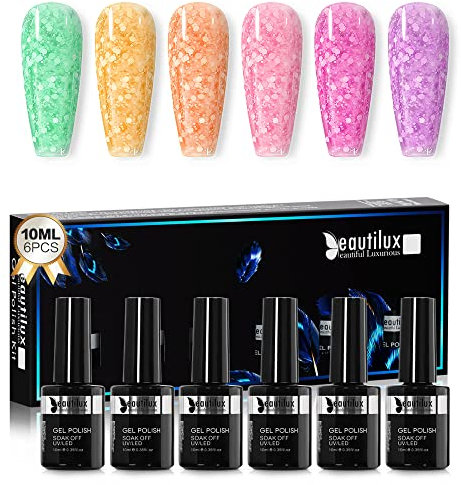 Beautilux Vernis Semi Permanent, 6 Couleurs 10ml Vernis Gel Snowflake, Vert Jaune Orange Rose Rose Foncé Violet Vernis à Ongles Gel pour Home Manucure Nail Art Salon