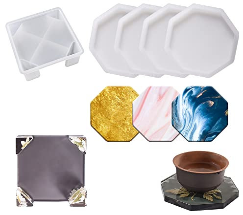 Coaster Resin Mould, Coaster Mold Set 5 Pack, Silicone Coaster Storage Box for DIY Resin Coaster, Cup Holder, Home Decoration, Handmade Gift