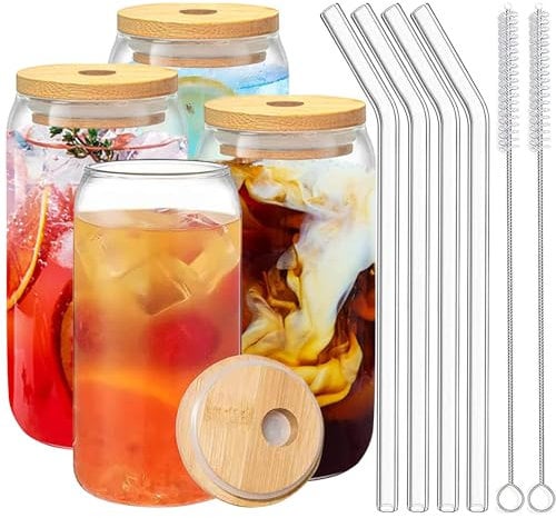 Duscdesp Iced Coffee Cup,Glass Cups with Lids and Straws,Drinking Glasses with Bamboo Lids and Glass Straw,16oz Drinking Glasses Set,Iced Coffee Glass, Cocktail (4 Pcs Set)