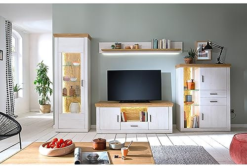 Lomadox Wohnzimmer Schrankwand mit LED Beleuchtung mit Vitrine, Wandregal, TV Board 154cm breit und Highboard mit offenem Fach in Pinie weiß mit Eiche Nb. im Landhaus Stil B/H/T ca. 391/205/50 cm