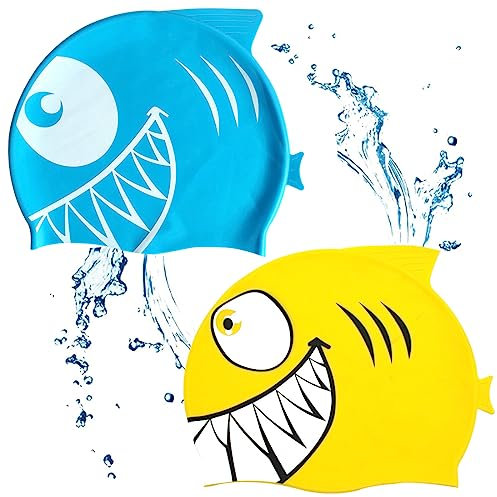MEZHEN Gorro de Natación Tiburón Gorros de Baño de Silicona para Niños Gorras de Natación a Prueba de Fugas Gorro de Baño de Dibujos Animados para Playa Piscina 2 Piezas