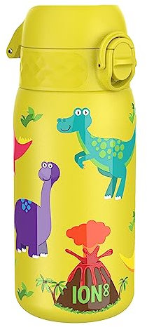 Ion8 Vacuum Insulated Steel Water Bottle, 320 ml/11 oz, Leak Proof, Easy to Open, Secure Lock, Dishwasher Safe, Carry Handle, Metal Water Bottle, ThermoShield Stainless Steel, Yellow, Dinosaur