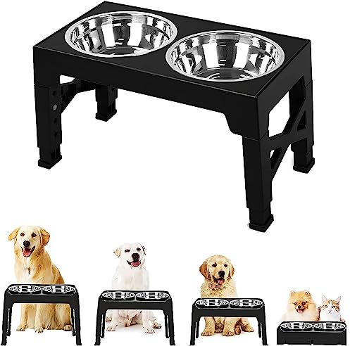 Lot de 2 gamelles surélevées en Acier Inoxydable avec 4 Supports réglables en Hauteur pour Chiens de Grande Taille, Moyennes et Petites