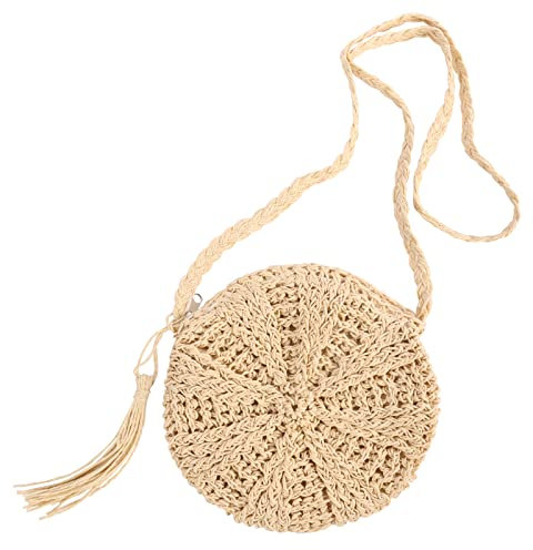 Stroh Tasche für Frauen, Strand-Runde-Stroh-Crossbody-Tasche mit Quaste, gewebte handgemachte Henkeltasche mit Reißverschluss, Sommer-Strand-Strohhandtaschen mit böhmischer Geldbörse (Beige)