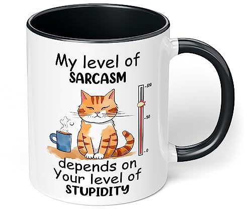 Lustige Bürotasse „My level of sarcasm depends on“ - Kaffee-Tasse mit Spruch | Statement Kaffeebecher, Geschenke für Kollegen Mitarbeiter Büro Arbeit zum Geburtstag Weihnachten (Sarcasm, Schwarz)