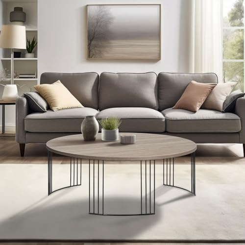 Wohnando Großer Couchtisch Rund 95cm - Wohnzimmertisch Eiche - Sofatisch | Moderner Kaffeetisch mit Metallbeinen in Schwarz, Helle Holzmaserung, Einfacher Aufbau für Ihr Wohnzimmer Design