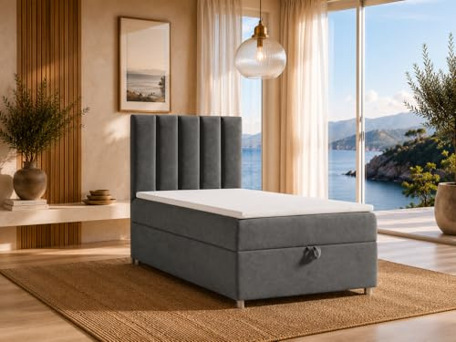 Best For Home Trinity K10 Boxspringbett 80x200 | Stauraum mit Topper | Einzelbett mit Bonell Federkernmatratze H3, Hoher Schlafkomfort, Gepolstertes Kopfteil, Modernes Bett Design und Bettkasten