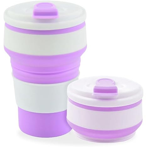 Gobelet pliable en silicone avec couvercle (350 ml, sans BPA), réutilisable, pliable, avec couvercle, violet