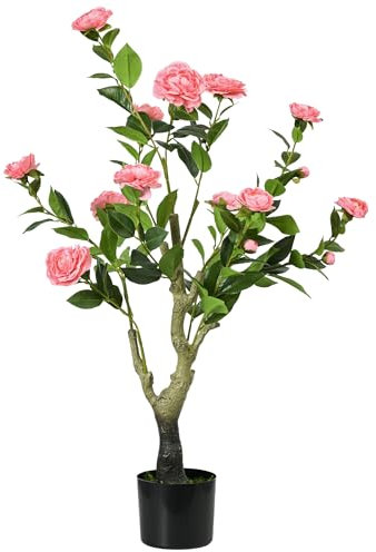 HOMCOM Decorative Artificial Plant Camellia Flower with Pot, Fake Plant for Home Indoor Outdoor Decor, 95cm, Pink