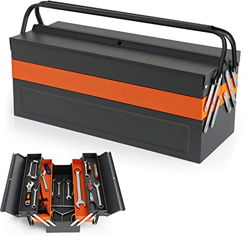 COSTWAY Boîte à Outils Pliable en Métal à 5 Plateaux, Coffre à Outils avec Poignée Pratique Charge Chaque Plateau 10KG, pour Atelier de Réparation Maison Garage, Gris+Orange