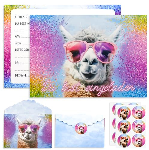 Hpbaggy Glitzer Lama Einladungskarten Kindergeburtstag,12 Deutsche Einladungskarten +12Umschläge,Alpaka Geburtstag Einladungen,Einladung Kindergeburtstag mädchen,Partyzubehör