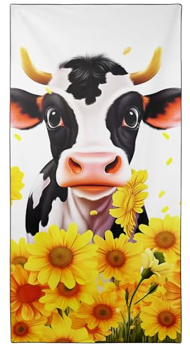 YISUMEI Mikrofaser Strandtuch XXL, Strandhandtuch Leicht Badehandtuch Schnelltrocknend, Kuh & Sonnenblumen, 180 x 90 cm