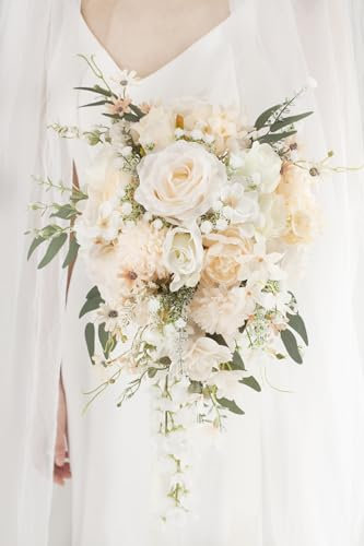Yelinart Champagner-Hochzeitssträuße für Braut, weiße künstliche Rosen, Blume, kaskadierend, Brautstrauß für rustikale Boho-Herbst-Vintage-Hochzeitszeremonie, Party und Jahrestag, 27,9 cm