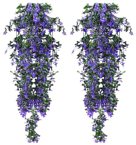 Kunstpflanze Künstliche Pflanzen Hängend Kunstpflanzen Wie Echt Outdoor Wetterfest 2 STK Kunstblumen Balkon Hängepflanzen Plastik Hängepflanze Künstlich Blumen Balkonpflanzen für Deko (Lila)