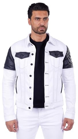 KINGZ Weiße Herren Jeansjacke mit lässigem Totenkopf und Nieten in SLIM-FIT Weiß XL