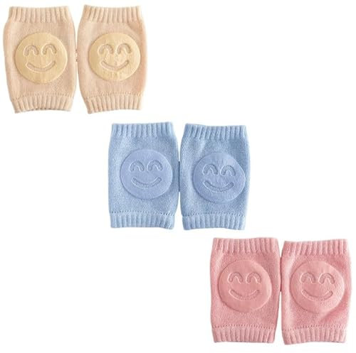 IOURVYA 3 pares de rodilleras de manga para gatear, ayuda para gatear antideslizante para bebés, algodón unisex con protector antideslizante de goma con cara sonriente