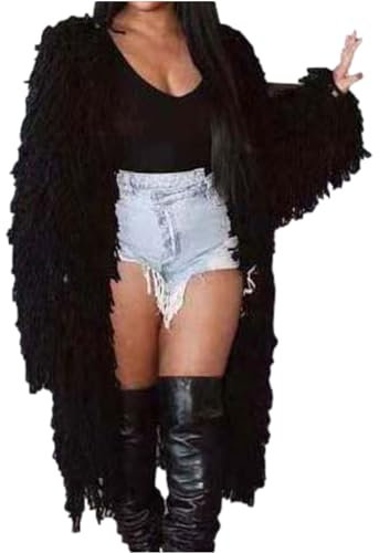 Angxiwan Todays Daily Deals Cardigans for Women UK Cable Knit Fringe Tassel Mid Length Cardigans Open Front Sweater Cardigan Neck Fringe Friday Black Deals 2024 Womens