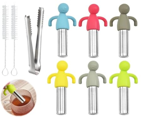 Abiyou 6 Stück Kreatives Teefilter, Edelstahl Teefilter Teesieb, Humanoid Teesieb Senden 1 Eisklemmer und 2 Kleine Reinigungsbürste, Kreatives Tee-Filter mit Silikongriff, für Losen Tee, Rose, Gewürze