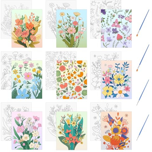 HICOHAND Kit de peinture sur toile pré-imprimée 9 toiles sans cadre avec motifs de fleurs et de plantes Kit de peinture facile avec pinceau pour fête, étudiant, adulte, cadeau de bricolage