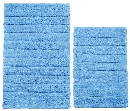Allure Ribbed Two Piece Bath Mat Set 100% Cotton – Super Soft, Absorbent, Quick Dry Pack of 2 Textured Bathroom Mats (Cornish Blue)