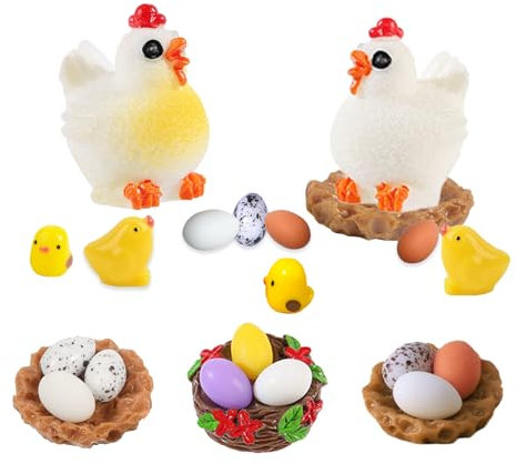 Dazzjoy Mini Tierfiguren Henne, Küken, Ei Deko 19 x Miniatur Figuren Ostern Deko,Harz Ostereier Huhn Kleine Figuren Osterdeko,Osterküken,Eier Osterdekoration Konfetti,Oster Tischdeko Streudeko Ostern
