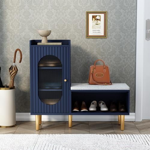HOLTICO Shoe Storage Bench with Seat, Glass Door Storage Cabinet, Modern L-Shaped Shoe Rack Blue Cabinet for Hallway, Entryway, Bedroom, Living Room