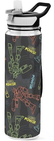 Mnsruu Abstrakte Robot Warrior Wasserflasche mit Strohhalm, auslaufsicher, BPA-frei, Tritan-Trinkflasche, Sport-Wasserflasche für Männer, Frauen, Kinder, 1 l