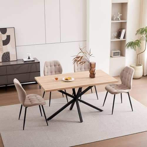 JZGORC Conjunto de Mesa y Sillas de Comedor: Mesa Rectangular de 140 cm y 4 Sillas Tapizadas, Ideal para Comedor, Cocina y Salón - Color Claro + Caqui