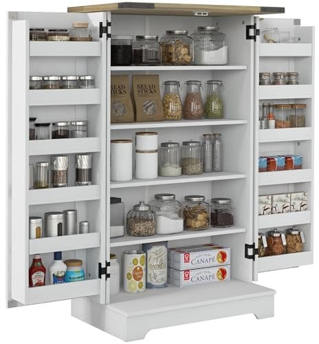 HOMCOM Armario Despensa Cocina Armario de Cocina con 2 Puertas y 16 Estantes Alacena Rústica con Estantes Ajustables para Comedor Salón 60x40x104 cm Crema
