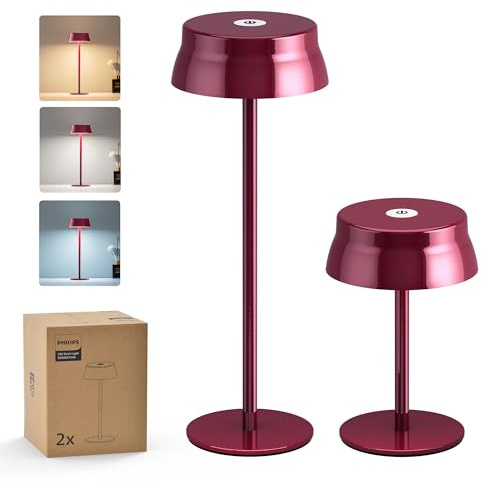 Philips Cordless Table Lamp, Portable Outdoor LED Desk Light, Rechargeable Battery Operated, 2 Adjustable Height, Touch Control & 3 Color Stepless Dimming, Waterproof Lamps for Restaurant Bedroom, Red