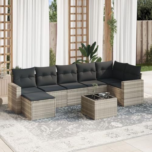 QJBSAVVA 8-TLG Gartensofa Set Hellgrau Poly-Rattan Eckbank mit Stauraum, wetterfeste Outdoor Couch mit Glas-Tisch und abnehmbaren Kissen, modulare Lounge für Garten Terrasse Balkon