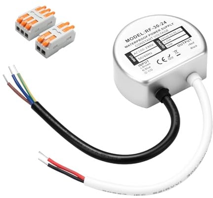 Muzveik Trasformatore LED 220V a 24V DC 30W 1.25A, IP67 Alimentatore Rotondo Ø57mm con 2 Connettori per LED Esterno e Interno