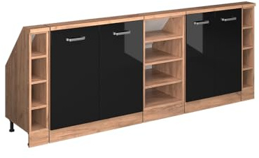 Vicco Dachschrägenschrank-Set Rion, Schwarz Hochglanz/Goldkraft Eiche | B210 x T46 cm, 5er Set, platzsparend für Dachschrägen
