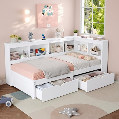 SURUEO 3ft Single L-Shape Daybed with Two Storage Drawers and Bookcase Storage, Modern Bed Frame with Charging Station, Wood Bed for Living Room/Bedroom/Study Room, 90X190cm, White (No Mattress)