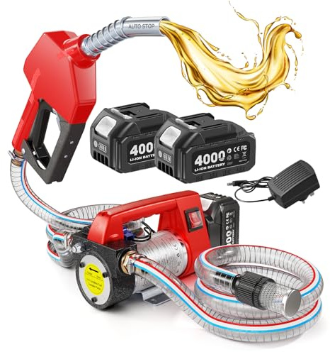 Taskstar Pompa Travaso Gasolio a Batteria 45L/min, per Diesel e Cherosene | Pompa Carburante Elettrica con Kit 2x Batterie 18V 4,0Ah, Ugello Auto Stop, 2x2m Tubi e Filtro per Trattori, Camion e Barche