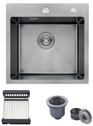 BoomHoze Fregadero Cocina 45x45cm Con Cesta de Filtro Extensible, Negro | Compatible Montaje Sobre y Bajo Encimera, Fregadero 1 Seno de Acero Inoxidable, Ideal para Cocinas y Apartamentos