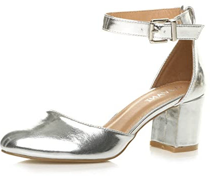Ajvani Womens Ladies Low mid Block Heel Ankle Strap Court Shoes Sandals Size, 6 UK, Silver Metallic