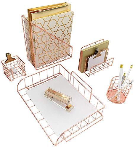 Blu Monaco Rose Gold Desk Organizer - 5 Piece Desk Accessories Set - Letter - Mail Organizer, Paper-Document Tray, Pen Cup, Magazine File Holder - Rectangle Pattern - Office Supplies Stationery Décor